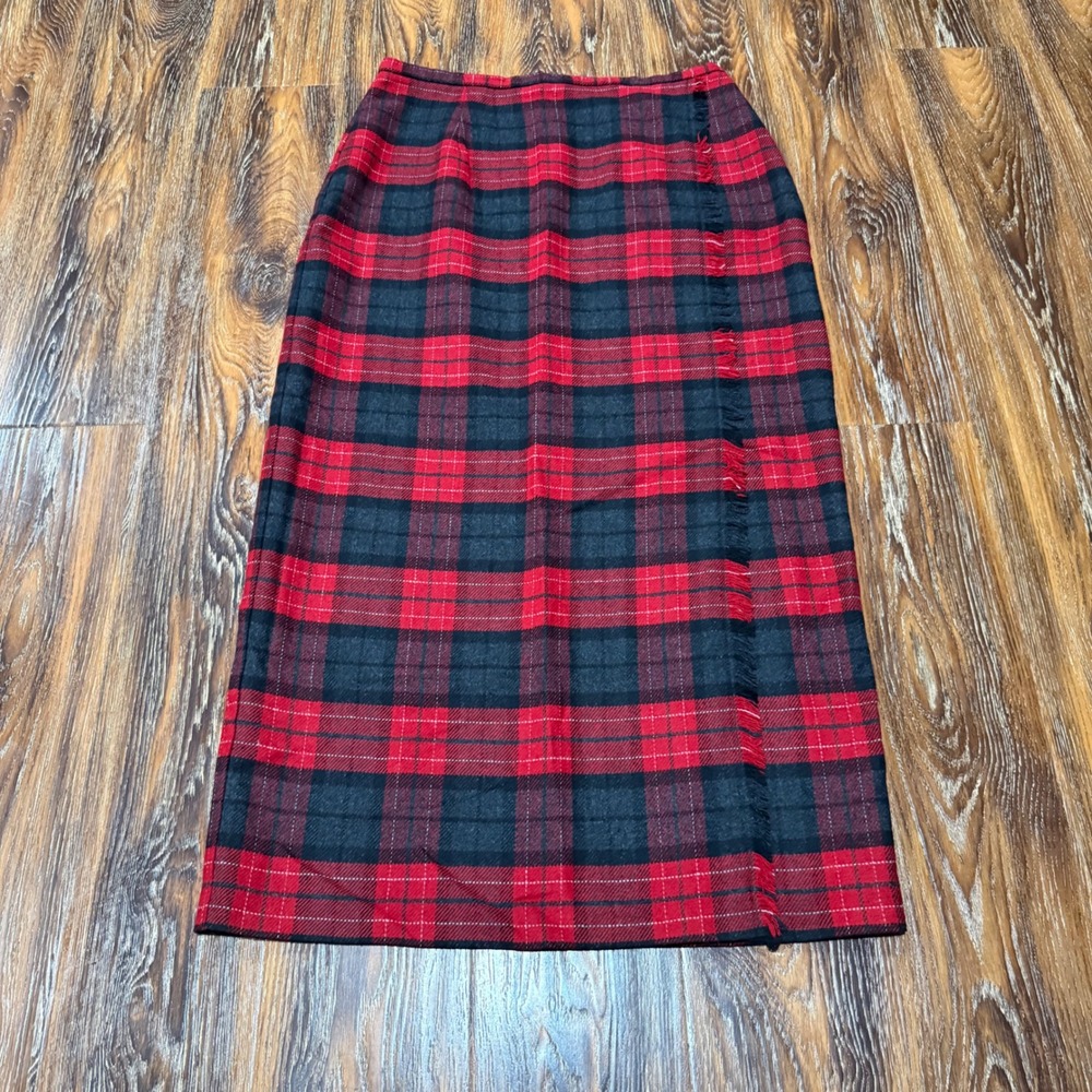 Vintage Red Tartan Plaid Fringe Wool Blend Maxi Skirt Women 14 USA Chandler Hill